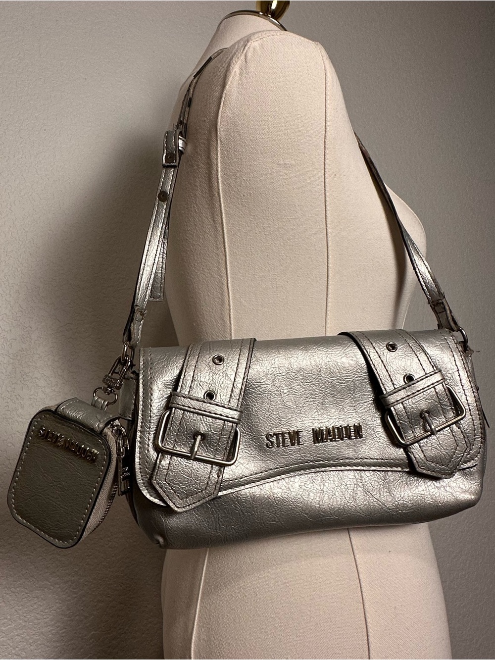 Steve Madden Metallic Silver Shoulder Bag with Buckle Accents